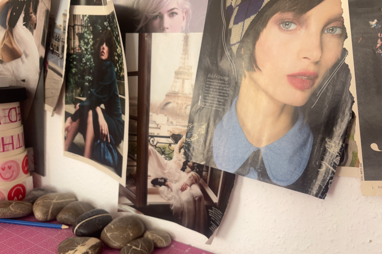 Collage aus Fotos von Frauen und Steinen auf einem Tisch.