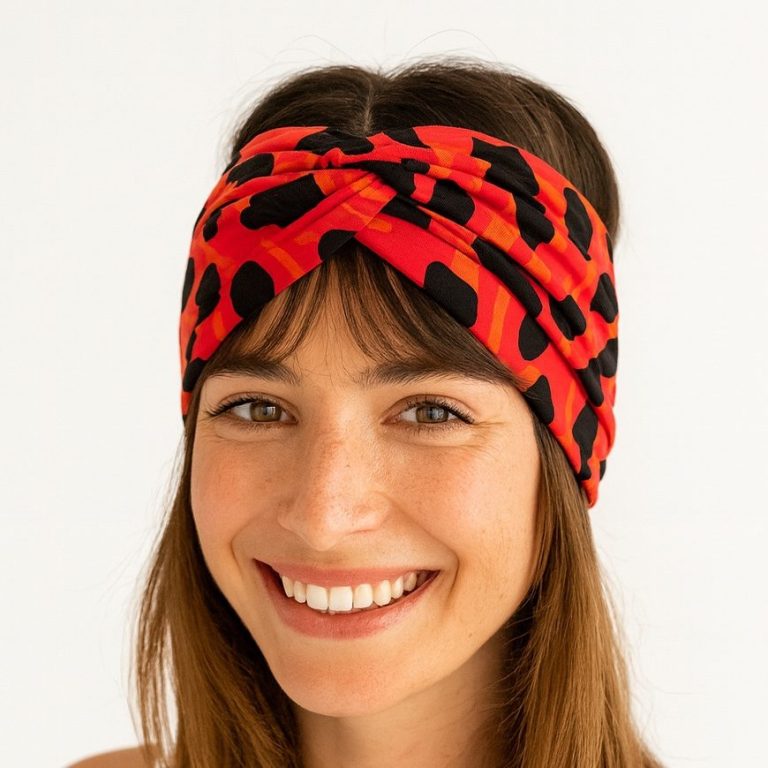 Frau mit lächelndem Gesicht und rot-schwarzem Haarband mit Muster.