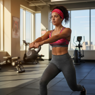 Frau in Sportkleidung führt eine Kettlebell-Übung in einem Fitnessstudio aus.